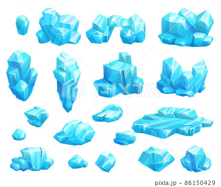 Cartoon frozen ice crystals and icicles, blocks and icebergs, magic stones game asset. Vector blue iced floes, salt mineral or cave stalagmites. Cap snowdrifts winter elements, ice crystal glass set Cartoon frozen ice crystals and icicles, blocks and icebergs, magic stones game asset. Vector blue iced floes, salt mineral or cave stalagmites. Cap snowdrifts winter elements, ice crystal glass set 86150429