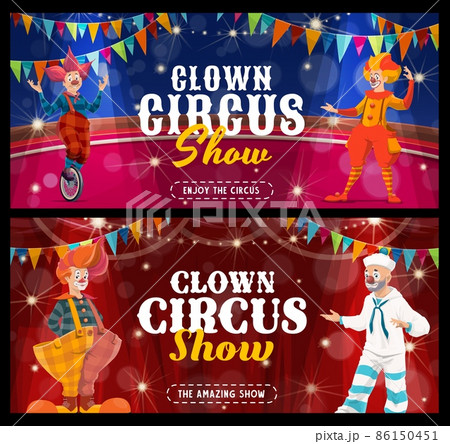 Shapito circus cartoon clowns and jesters on stage of carnival show. Vector clown characters, comic entertainers or harlequins with funny makeup, red noses and wigs, unicycle and flags, circus banners 86150451