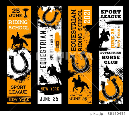 Equestrian sport banners. Horse riding and racing, horseshoes and polo jockey. Horse races club vector flags for equine steeplechase tournament or riding school and hippodrome with halftone 86150455