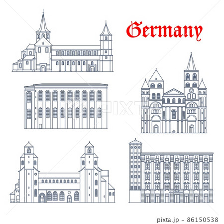 Germany vector architecture of Trier, Hildesheim and Linz, travel landmark buildings. Liebfrauenkirche and St Godehard church in Hildesheim, Church of St. Michael or Michaeliskirche and Trierer Dom 86150538