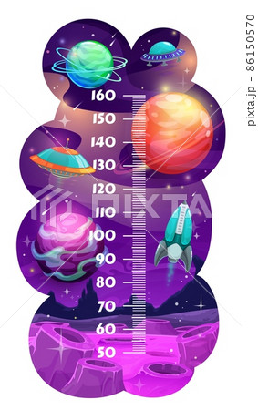 Kids height chart. Cartoon space planets, future spaceship or rocket, alien flying saucer. Preschooler child growth measure meter with craters on fantasy planets surface, asteroid flying in outerspace Kids height chart. Cartoon space planets, future spaceship or rocket, alien flying saucer. Preschooler child growth measure meter with craters on fantasy planets surface, asteroid flying in outerspace 86150570