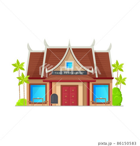 Thai cuisine restaurant building icon, Asian food bar architecture, vector. Thai cuisine cafe or authentic restaurant facade of oriental gourmet bistro entrance with bar tables on terrace Thai cuisine restaurant building icon, Asian food bar architecture, vector. Thai cuisine cafe or authentic restaurant facade of oriental gourmet bistro entrance with bar tables on terrace 86150583