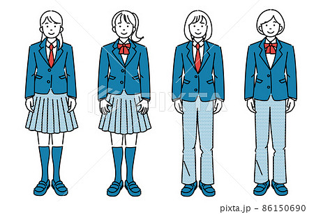 スラックスやスカート等 様々なタイプの学生服を着て正面を向いて立つ女子学生のシンプルイラストセットのイラスト素材 スラックスやスカート等 様々なタイプの学生服を着て正面を向いて立つ女子学生のシンプルイラストセットのイラスト素材