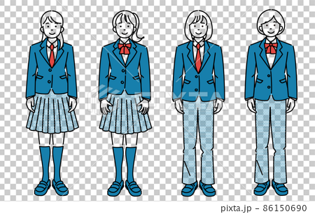 スラックスやスカート等 様々なタイプの学生服を着て正面を向いて立つ女子学生のシンプルイラストセットのイラスト素材