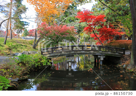 秋の盛岡城跡公園、鶴ヶ池に架かる橋 86150730
