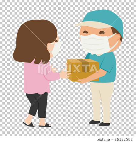 郵遞員。一個戴著面具的男人把紙板箱交給一個女人的插圖。 郵遞員。一個戴著面具的男人把紙板箱交給一個女人的插圖。 86152598