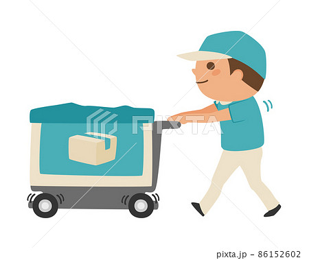 配達業者の男性のイラスト。荷物が入ってる荷車を押して歩く男性。 86152602