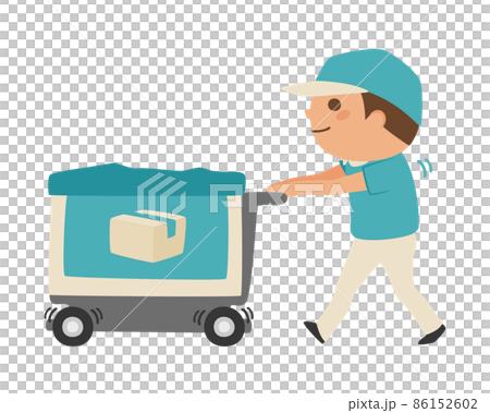 配達業者の男性のイラスト。荷物が入ってる荷車を押して歩く男性。 86152602