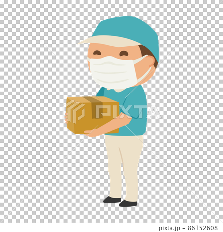 一名男子在送貨公司拿著一個紙板箱的插圖。一個戴著面具的男人。 一名男子在送貨公司拿著一個紙板箱的插圖。一個戴著面具的男人。 86152608