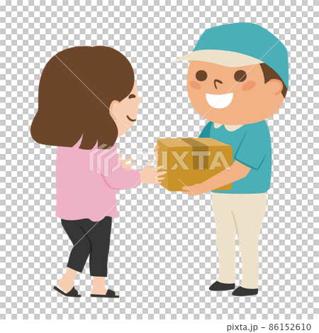 郵遞員。一個男人拿著一個紙板袋並將它交給一個女人的插圖。 郵遞員。一個男人拿著一個紙板袋並將它交給一個女人的插圖。 86152610