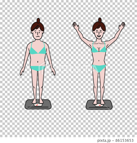 A simple illustration that can also be used for line drawing videos on a white background of muscle training before and after a young woman with long hair tied A simple illustration that can also be used for line drawing videos on a white background of muscle training before and after a young woman with long hair tied 86153653