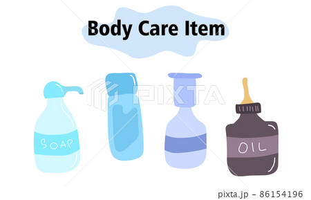 Items and elements for body care. Bathroom items, liquid soap with a dispenser and shampoo, hair oil or serum. In a color style. Vector illustration. 86154196
