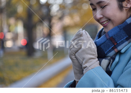 寒い冬、手袋で温める若い日本人女性 86155473