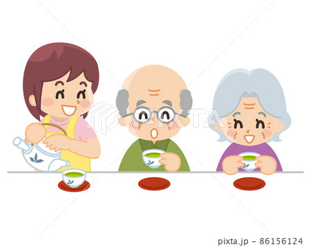 お茶を楽しむ高齢者と介護士　ヘルパー 86156124