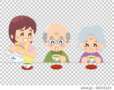 Elderly people enjoying tea and caregiver helpers 86156124