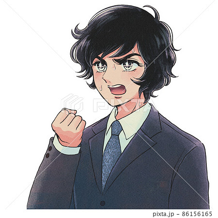 古い少女漫画タッチ・決意を込めて拳を握る会社員 86156165