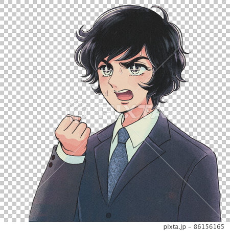 古い少女漫画タッチ・決意を込めて拳を握る会社員 86156165