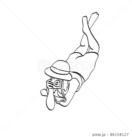 woman with hat using instant camera illustration vector hand drawn isolated on white background line art. 86158127