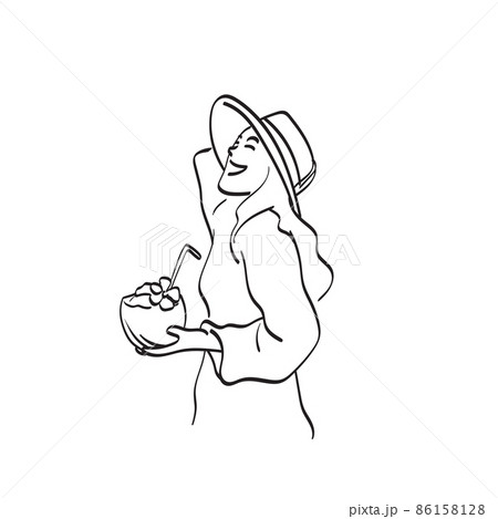 smiling woman with big hat holding coconut with straw illustration vector hand drawn isolated on white background line art. 86158128