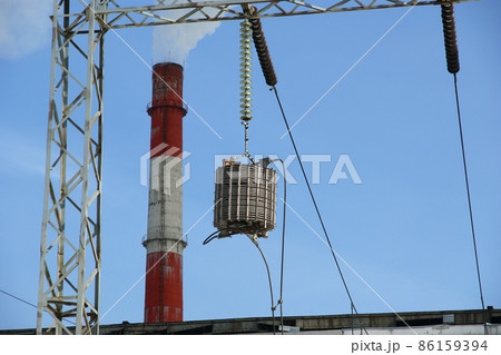 electric pylon and pipes of coal burning power station electric pylon and pipes of coal burning power station 86159394