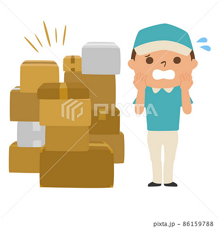 ダンボールを持った配達業者の男性のイラスト。たくさんある荷物に困惑してる男性。 86159788