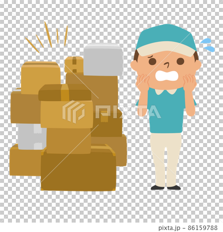 ダンボールを持った配達業者の男性のイラスト。たくさんある荷物に困惑してる男性。 86159788