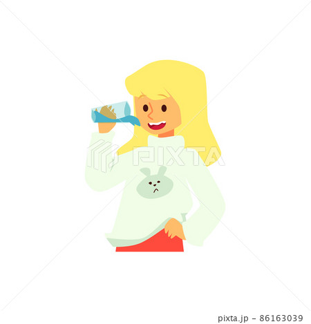 Girl drinking pure water from glass flat cartoon vector illustration isolated. 86163039