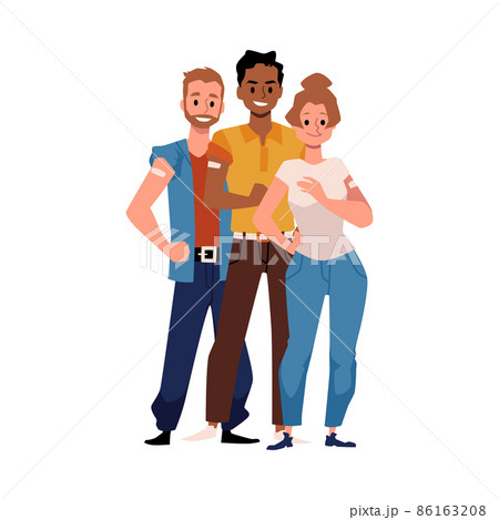 COVID vaccine medical poster. Black male and young white female got vaccinated for coronavirus or other disease. 86163208