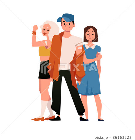 Vaccinated smiling young people, cartoon flat vector illustration isolated. 86163222