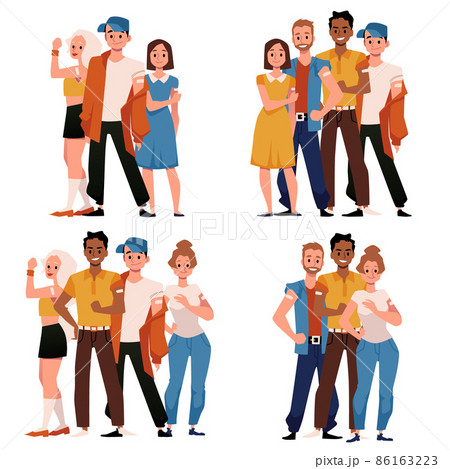 Group of young people get vaccinated for COVID. Black and white male and female show arm with bandage after vaccination. 86163223