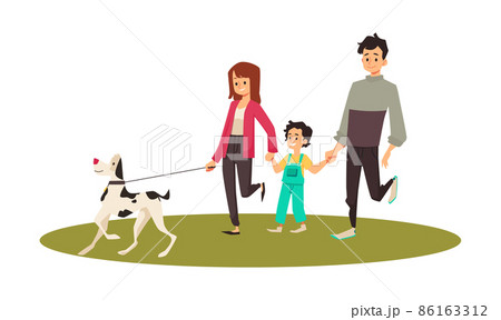 Family with child walking the dog together, flat vector illustration isolated. Family with child walking the dog together, flat vector illustration isolated. 86163312