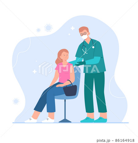 A male nurse vaccinates a young woman. Global vaccination concept against flu, viruses, or diseases. Process of immunization against coronavirus, covid-19. Vector flat illustration. A male nurse vaccinates a young woman. Global vaccination concept against flu, viruses, or diseases. Process of immunization against coronavirus, covid-19. Vector flat illustration. 86164918