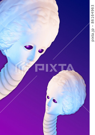 Colorful funky poster with unusual weird alien with huge glowing eyes. Looking like an antique Venus. UFO, space, extraterrestrial civilization. Surreal template for dj, fashion, music, punk culture. 86164963