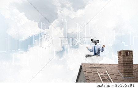 Concept of security and privacy protection with camera headed man meditating Concept of security and privacy protection with camera headed man meditating 86165591