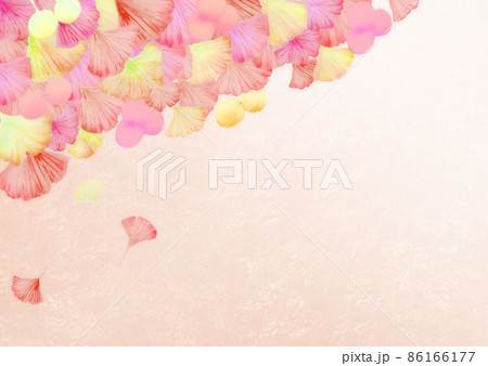 和紙を背景に水彩の赤色や黄色のイチョウが枝から舞い落ちる背景素材 横 他色有 86166177