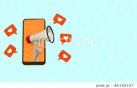 Contemporary art collage. Modern design. Female hand with megaphone sticking out phone screen with like icons promoting online shopping Contemporary art collage. Modern design. Female hand with megaphone sticking out phone screen with like icons promoting online shopping 86166197