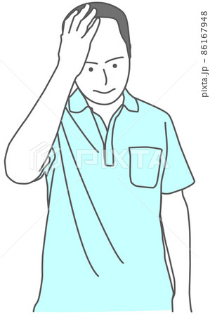 シャツを着た禿げた男性が考えるポーズをしているイラストのイラスト素材