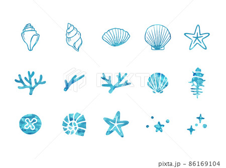 爽やかな海辺の装飾セット アイコン 貝殻 珊瑚 ヒトデのイラスト素材