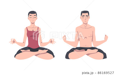 Young Man and Woman Cross-legged Sitting in Padmasana or Lotus Position Practicing Mediation Vector Set Young Man and Woman Cross-legged Sitting in Padmasana or Lotus Position Practicing Mediation Vector Set 86169527