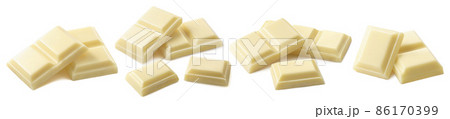 White chocolate bar pieces set isolated on white background White chocolate bar pieces set isolated on white background 86170399