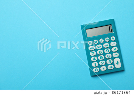 Mini calculator on blue background, space for text 86171364