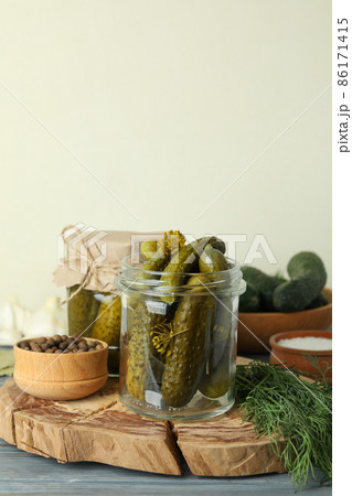 Concept of cooking pickles on gray wooden table 86171415