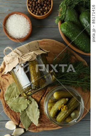 Concept of cooking pickles on gray wooden table Concept of cooking pickles on gray wooden table 86171416