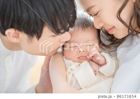  赤ちゃんにキスする若いパパと笑顔のママの顔のアップ 86171654