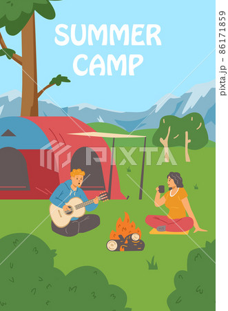 Couple relaxes in nature by the tent at summer camp, poster or flyer template - flat vector illustration. Couple relaxes in nature by the tent at summer camp, poster or flyer template - flat vector illustration. 86171859
