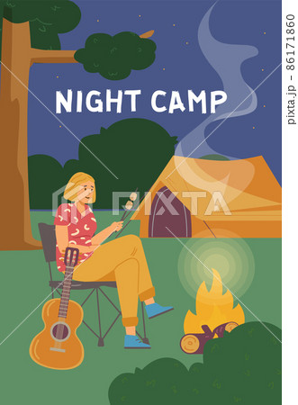 Night camp scene, woman sits in chair by the bonfire and roasts marshmallow, poster or flyer flat vector illustration. 86171860