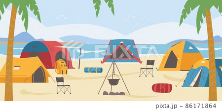 Summer tourist camping or campsite on seashore, flat vector illustration. Summer tourist camping or campsite on seashore, flat vector illustration. 86171864