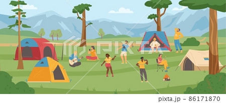 Tourists summer campground with people resting in tents, vector illustration. 86171870