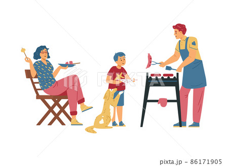 Happy family cook sausages on barbecue or grill, flat vector illustration isolated on white background. 86171905