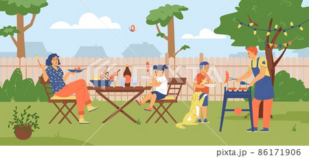 Family barbecue party on the backyard flat vector horizontal banner. Dad cook grill sausage, kid play with dog. 86171906